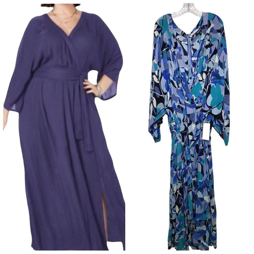 NEW Roaman's Floral Geometric Print Crinkle Belted Wrap Maxi Dress Size 4X